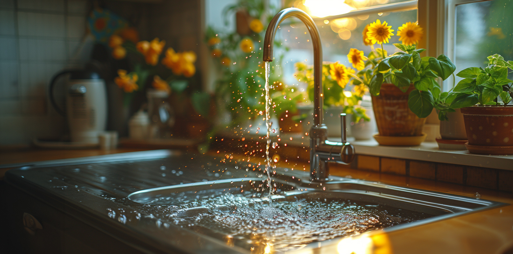 Ökologische Wasseraufbereitung für Ihre Küche Wasser läuft aus dem Wasserhahn in eine Spüle